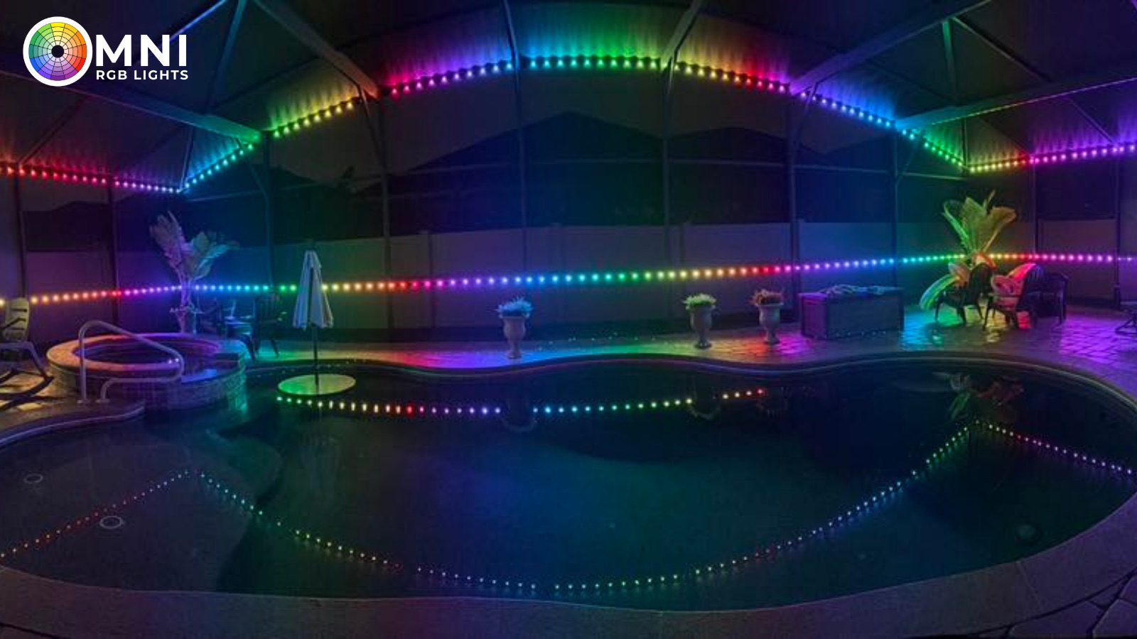 Rainbow permanent RGB lighting on a screened pool cage