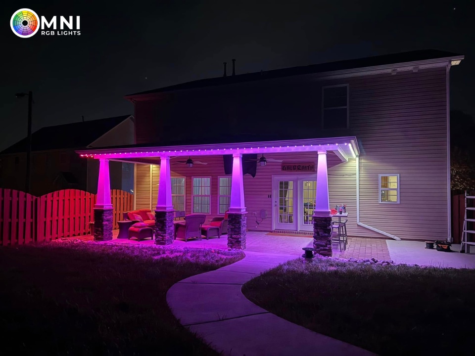 Purple permanent lighting on lanai columns