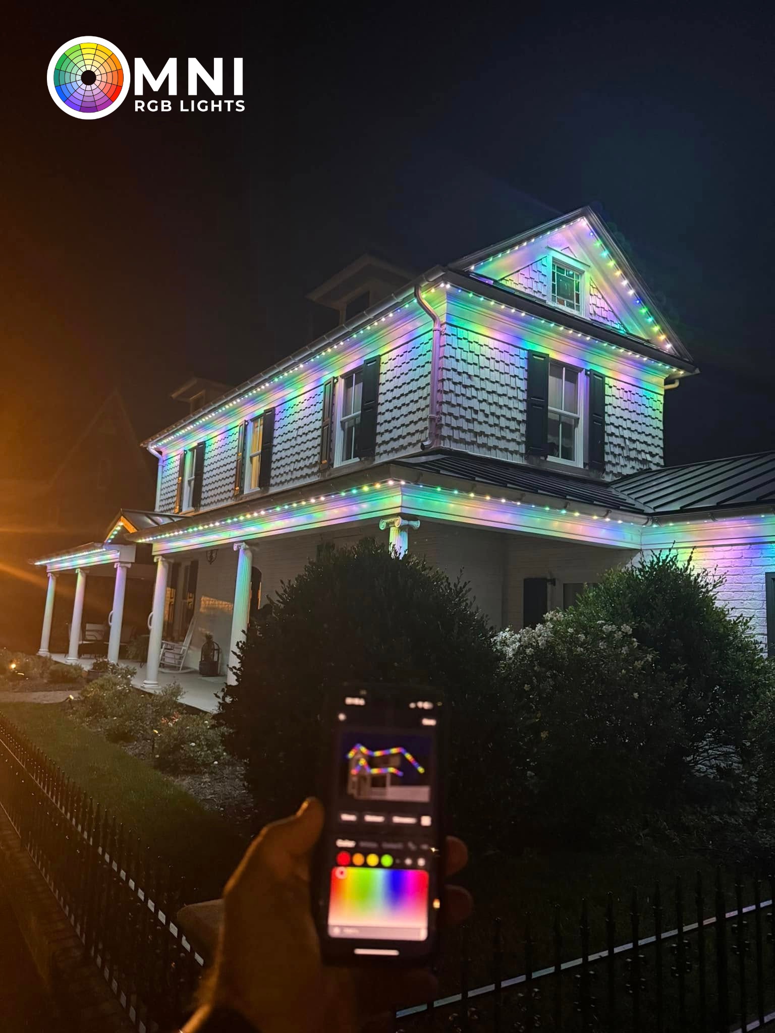 Rainbow roofline lighting controlled from a smartphone app